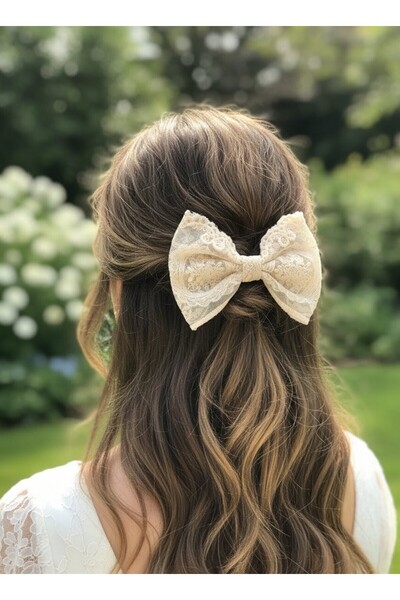 Toka Delisi El Yapımı Romantik Kapuçino Dantel Fiyonk Toka, Özel Tasarım Ekru...