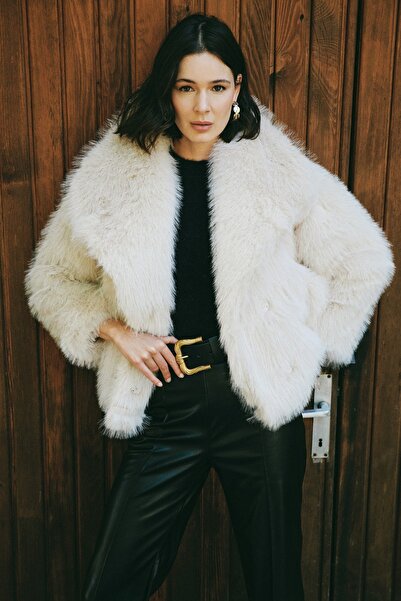 Sateen Yakalı Kürk - Bej