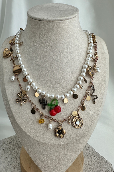 Modex Pearl Row Multi-Layer Gold Figured Charm Design Necklace