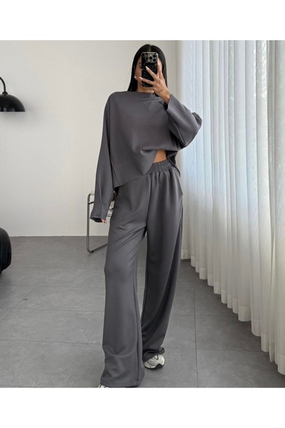 LUMİ Women's Beige Off-Shoulder Casual Two-Piece Set – Wide-Leg Pants, Soft F...