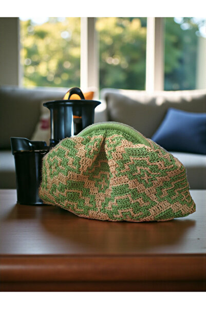 Örgü Sanatı El Örgüsü Kağıt İp Oval Burslu İşlemeli Çanta