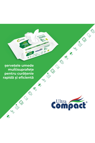 Ultra Compact Șervețele umede multi-suprafețe cu oțet și bicarbonat de sodiu, 100 bucăți, extra mari 22x22cm, ultracompacte