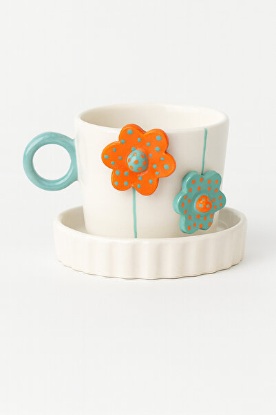 M'art Home Handmade Single Saucer Coffee Cup with Two Flowers 150 ml