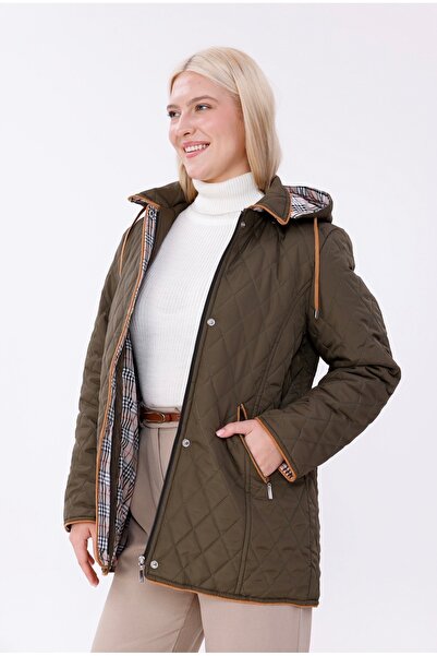 THE VOLER Kapüşonlu Mevsimlik Mont - Büyük Beden Pamuk Ekoseli Kapitone Kaban