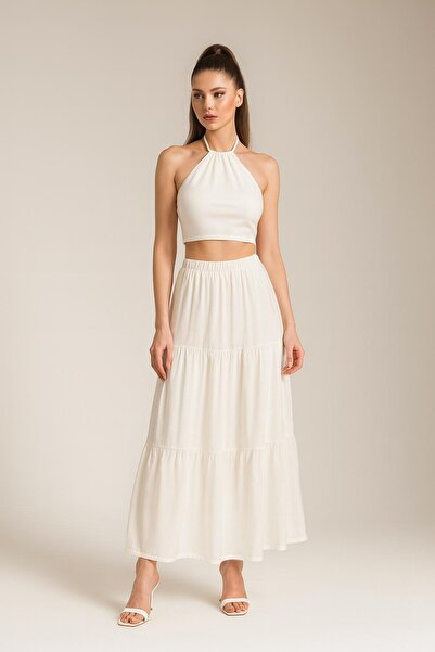 Kahra Collection Fusta lungă pentru femei, alb catifelat, cu volane, cu lungi...