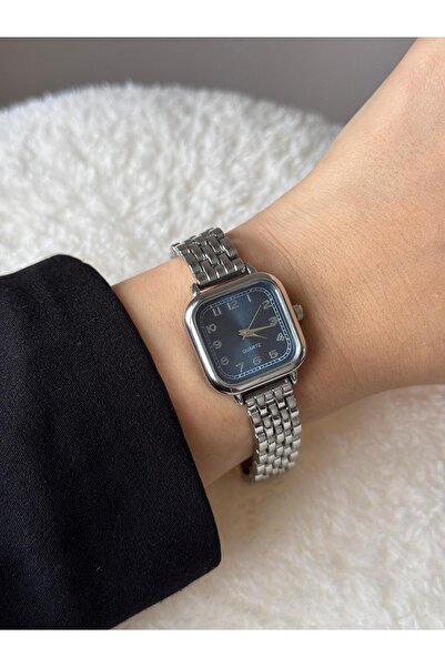 LEROSY CO. ساعة يد نسائية فضية اللون مربعة الشكل ذات قرص أزرق داكن من الفولاذ...