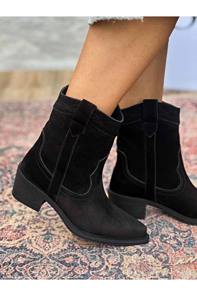 SİBA SHOES Isolde Hakiki Deri Sivri Burun Western Siyah Kadın Kovboy Bot