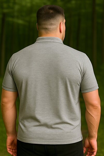 Maccali Men's Plus Size Basic Gray Polo Neck T-Shirt with Pockets