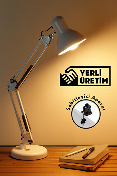 Soft Kare Masa Lambası Akrobat Yaylı Metal 360° Açılı Ayarlanabilir Hareketli Çalışma Masası Lambası Beyaz