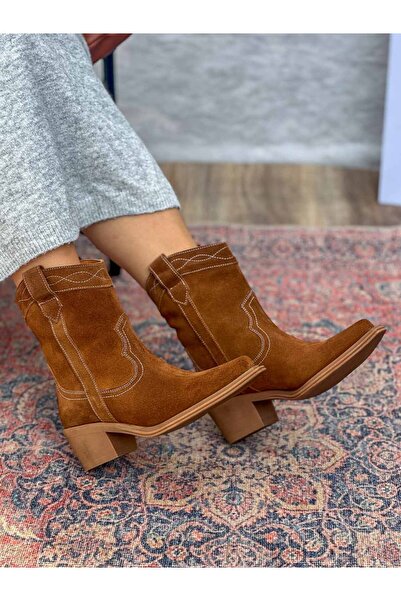 SİBA SHOES Isolde Hakiki Deri Sivri Burun Western Taba Kadın Kovboy Bot
