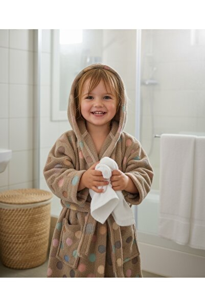 PAMUK HANIM Cotton Soft Unisex Girls' and Boys' Towel Bathrobe Polka Dot / Brown