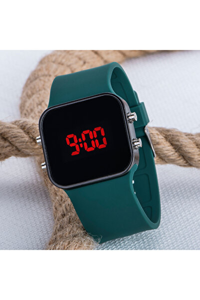 Saattino Kare Dijital Led Ekran Petrol Yeşili Silikon Kordonlu Unisex Saat ST...