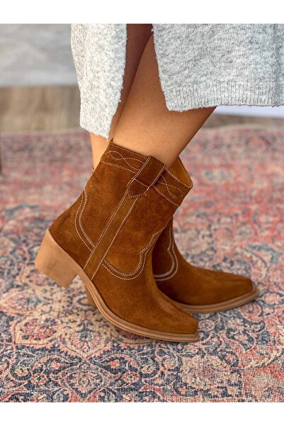 SİBA SHOES Isolde Hakiki Deri Sivri Burun Western Taba Kadın Kovboy Bot