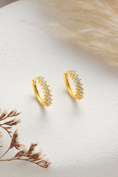 ESSARE 925 Ayar Gümüş Gold Kaplama 15 Mm Zirkon Taşlı Halka Küpe