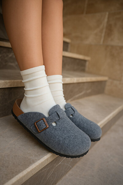 B&B'shop Kadın Antrasit Kışlık Keçeli Önü Kapalı Mantar Tabanlı Rahat Sabo Ev Terliği