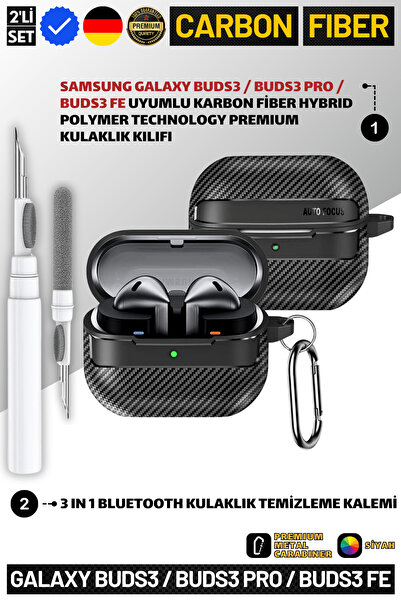 EWEC İkili Set | Samsung Galaxy Buds3 ve Buds3 Pro Uyumlu Karbon Fiber Kılıf ve 3 in 1 Temizleme Kalemi