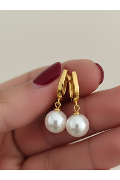 bymissmücevherat 14K Gold Kaplama 925 Ayar Gümüş Sallantılı İnci Küpe 10mm Yuvarlak Model