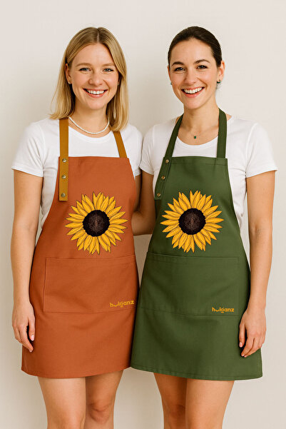 Hulganz طقم مريلة مطبخ من قطعتين، مقاوم للبقع، قماش طارد للماء، لا يبهت، مطبوع بنقشة زهرة الشمس