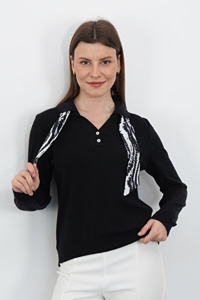 penyebizden Tricotaj cu mânecă lungă cu guler polo și eșarfă-negru