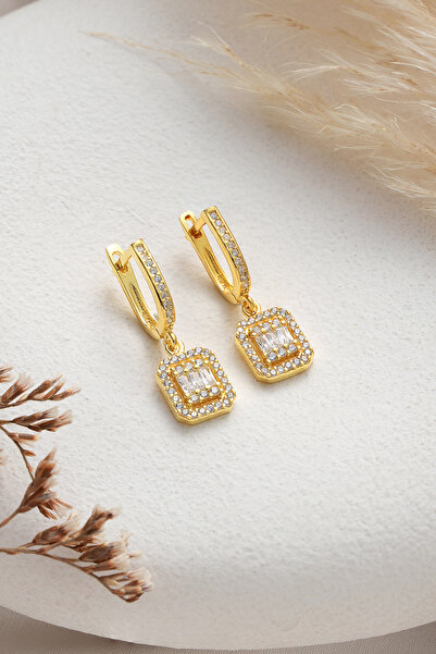 ESSARE 925 Ayar Gümüş Gold Kaplama U Model Baget Taşlı Küpe