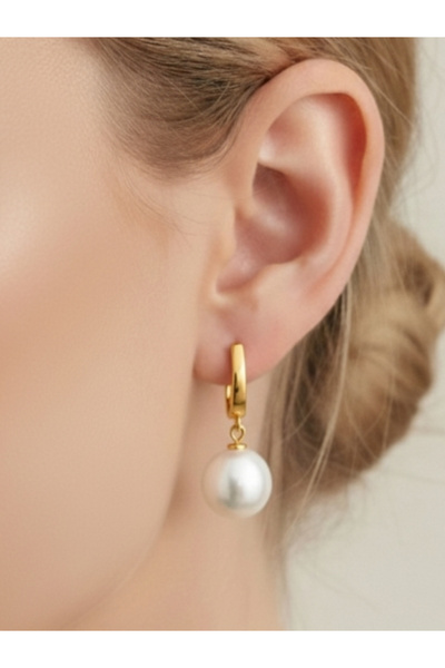 bymissmücevherat 14K Gold Kaplama 925 Ayar Gümüş Sallantılı İnci Küpe 10mm Yuvarlak Model