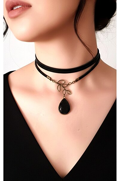 LADYMİRAGE Gerçek Deri Akik Taşlı Choker