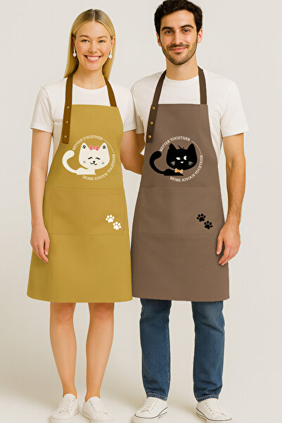 Hulganz طقم مريلة مطبخ - 2 قطعة خردل، مقاومة للبقع البنية، طباعة مائية وقطط