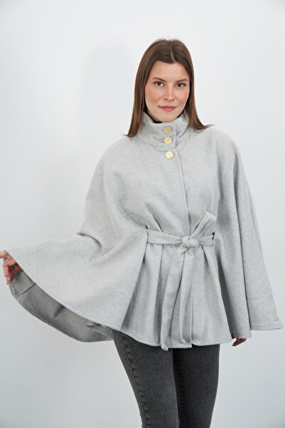 penyebizden Mock Neck Belted Cashmere Poncho-Grey