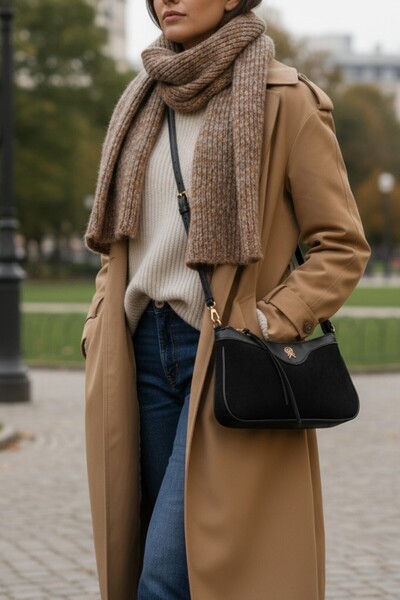 Cochines Women's Suede Baguette Black Stylish Hand and Shoulder Bag