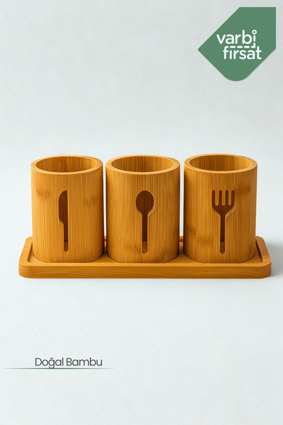 Varbifırsat Natural Bamboo Cutlery Holder – 3-Piece Kitchen Organizer
