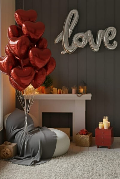 SkyPop 5 قطع بالون فويل على شكل قلب أحمر مقاس 45 سم، قطعة واحدة بالون فويل فضي على شكل قلب مقاس 100 سم، الحب.