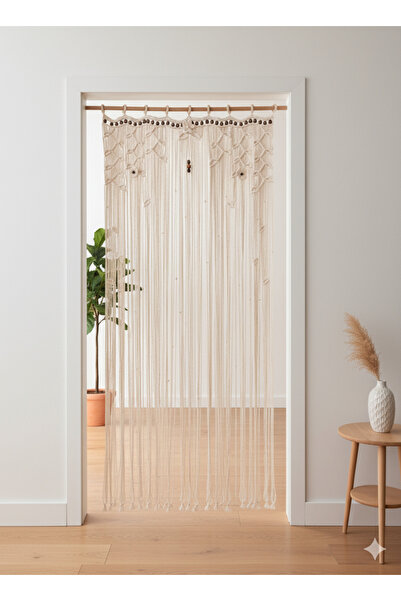 ARUSSİO DESİGN El Yapımı Yapraklı Pamuk Makrome Kapı Perdesi - Doğal Ahşap Bo...