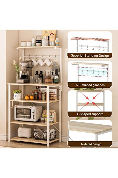 AGD 4-Tier Coffee Corner Cabinet, Top Shelf, Small Cabinet with 5 Hooks, Baker's Rack for Kitchen an
