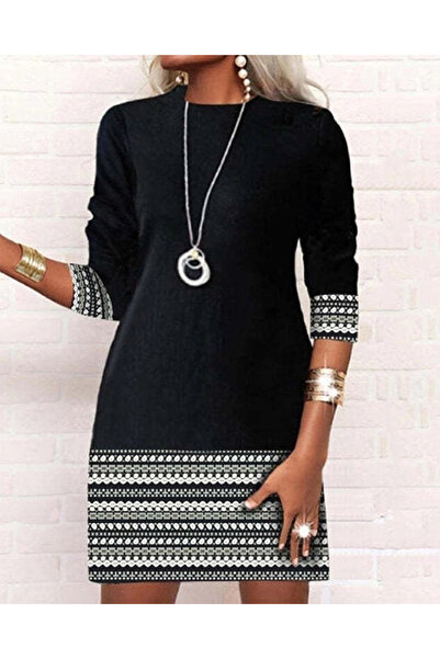 Butik Women's Long Sleeve Crew Neck Printed Two Thread Dress at Cuff and Hem