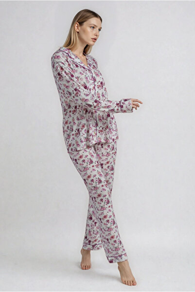 Kyron Kadın Çiçek Desenli Uzun Kollu Düğmeli Pijama Takımı - Modal Kumaş