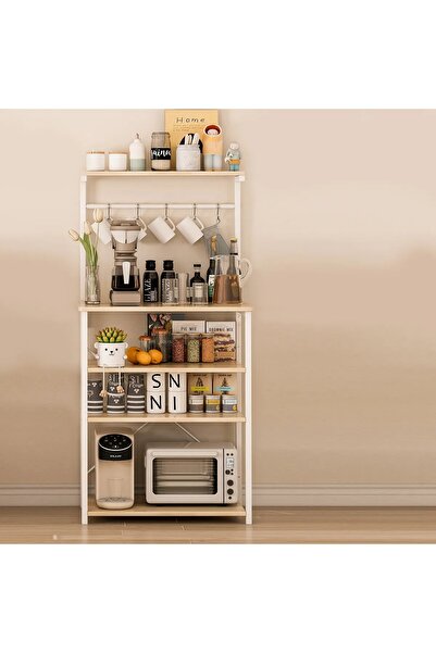 AGD 4-Tier Coffee Corner Cabinet, Top Shelf, Small Cabinet with 5 Hooks, Baker's Rack for Kitchen an