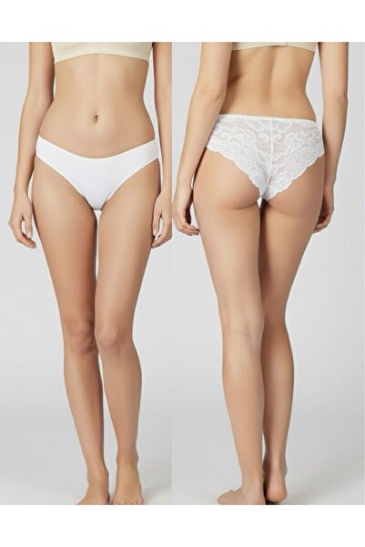 femmefinesse Kadın Arkası Dantelli Lazer Kesim İz Yapmaz Özel Doku Kadın Bikini Külot Ten-Siyah-Beyaz 3'lüPaket