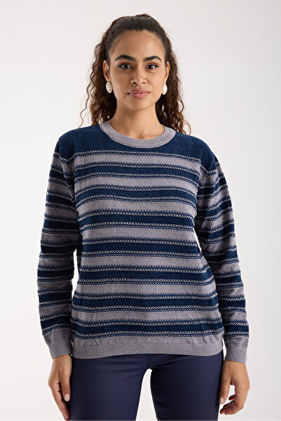 Clothes Fast Women's Navy-Grey Striped Cross Contrast Stitching Detailed Chen...