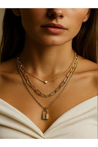 KANERUZ Gold Renk Kilit Katmanlı Çoklu Kolye Gerdanlık