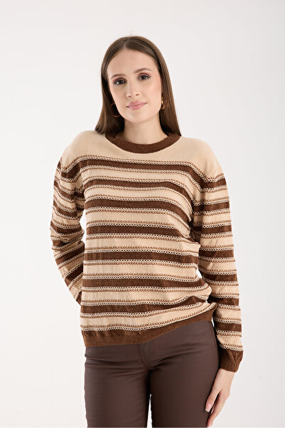 Moda Days Women's Cream-Brown Striped Cross Contrast Stitching Detailed Chenille Velvet Knitwear Sweater
