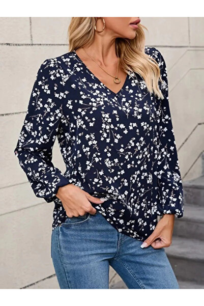 ARONA Women's long sleeve v neck floral pattern modal blouse