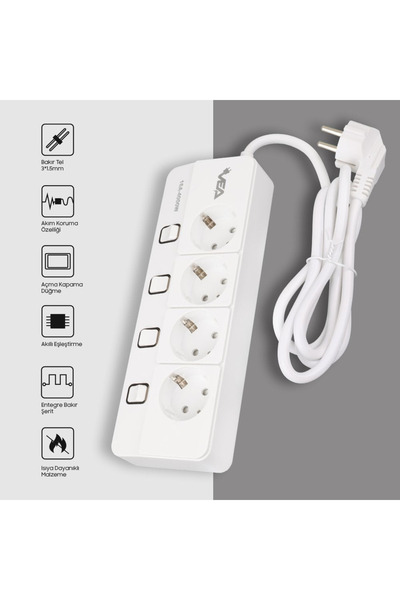 nelerbulurum 4 Ayrı Anahtarlı 1.2 metre Akım Korumalı Priz, 4'lü Priz, 4000W, 16A, 1400 Joule, Dörtlü Grup Priz