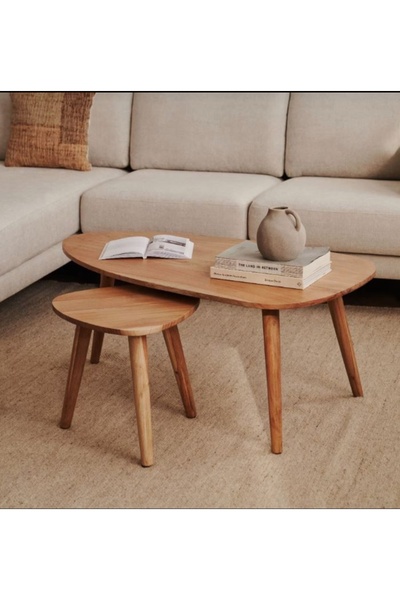 MERDEKORE DOĞAL AHŞAP 2Lİ ORTA SEHPA EL YAPIMI