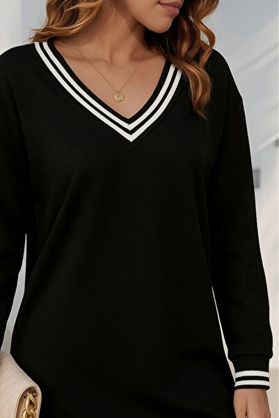 Butik Women's Long Sleeve V Neck Stripe Detail Short Viscose Two Thread Dress