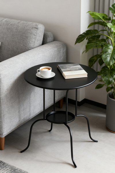 Generic Wrought Iron Round Coffee Table, 68*50cm, Double-Tiered, Retro Small Round Table, Bedroom Side Table