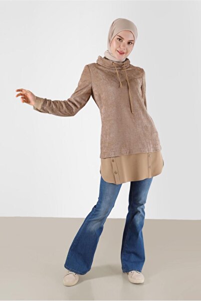 Alvina GÖMLEK PARÇA DETAYLI DEGAJE YAKA ŞÖNİL KADİFE TUNİK 42397