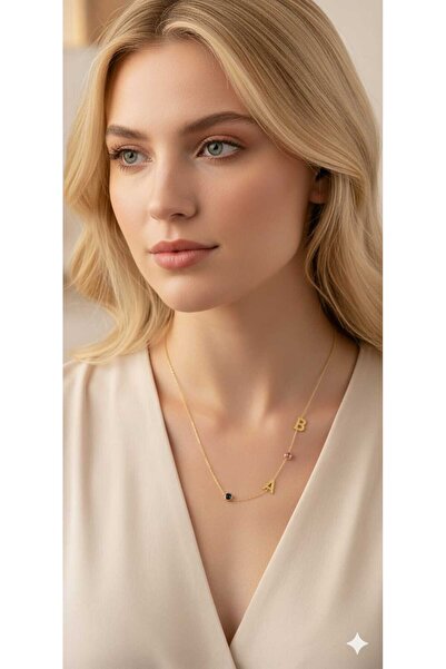 Papatya Silver 925 Ayar Gümüş Gold Kaplama Doğum Taşlı Zirkon Taşlı Harfli Kolye