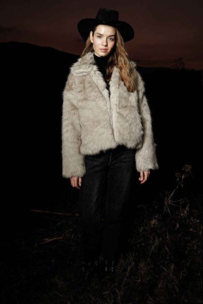 Hooopstore سترة من الفرو الرمادي الصناعي