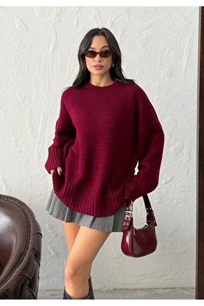 BEJNA Women's Burgundy Soft Textured Crew Neck Oversize Basic Knit Sweater