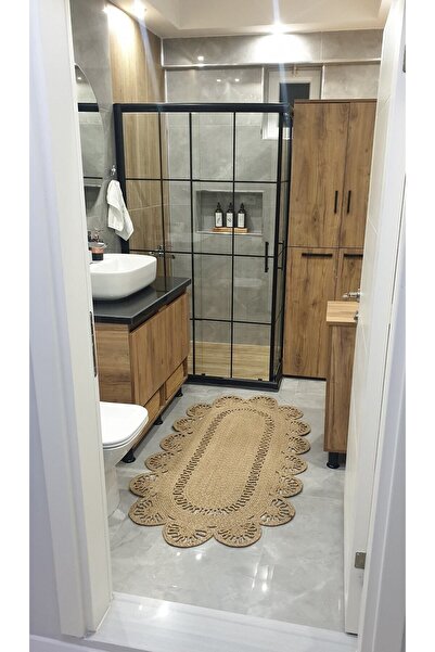 MUGG LİFE Jüt Hasır El Dokuma Oval Özel Tasarım Özel Seri Modern Şık Kenarlı Kilim Halı Paspas Yolluk